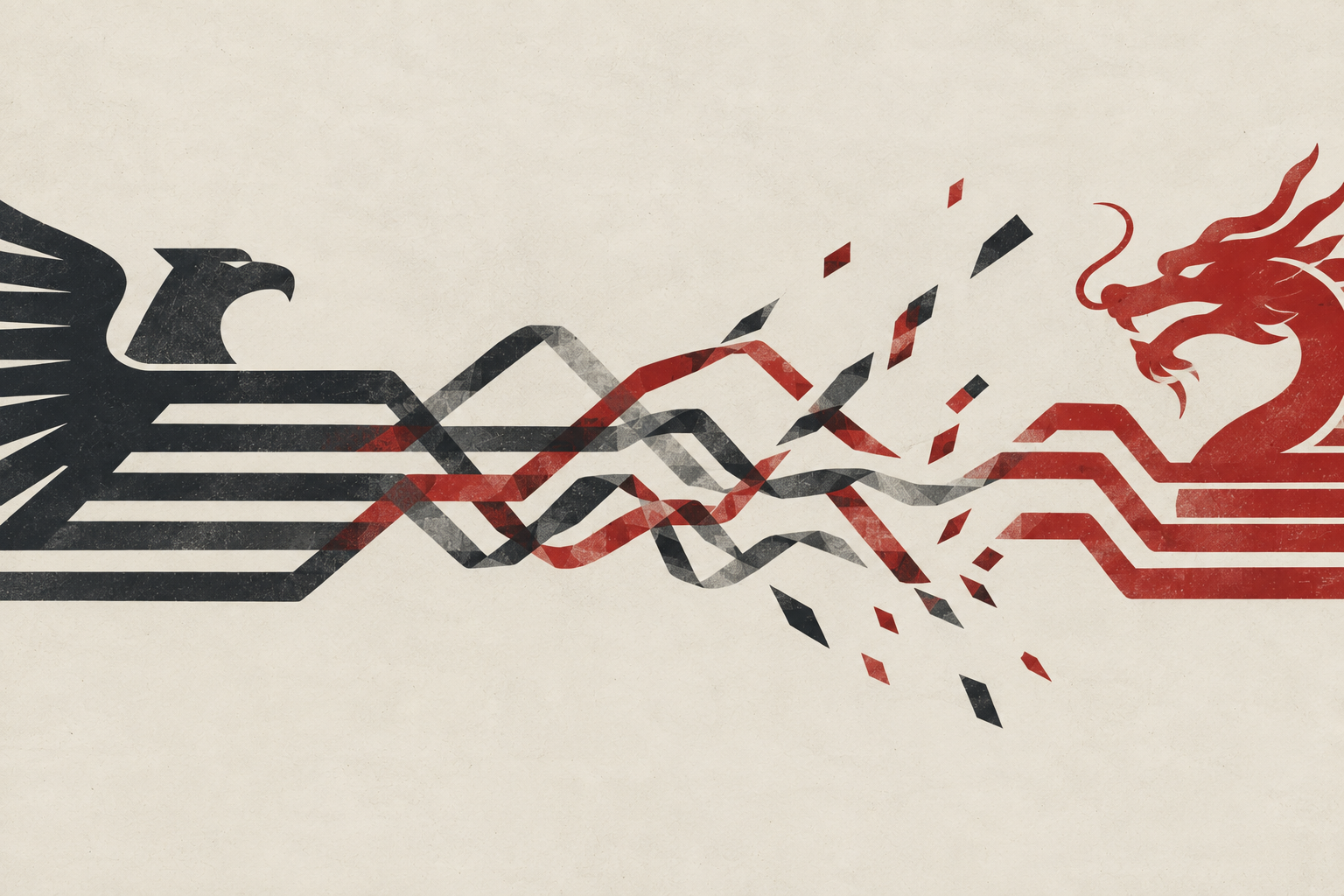 An American eagle and a Chinese dragon rendered as flags, the lattice of lines between them fracturing apart