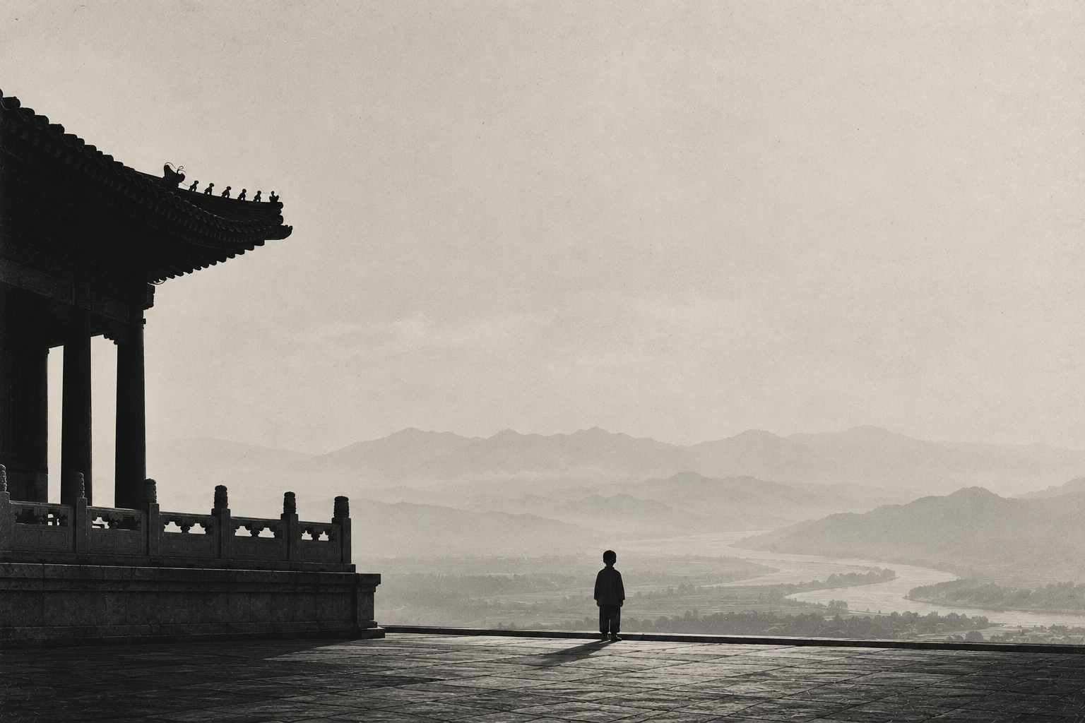 A lone child stands on a vast empty terrace of a traditional Chinese pavilion, looking out over misted mountains and a winding river