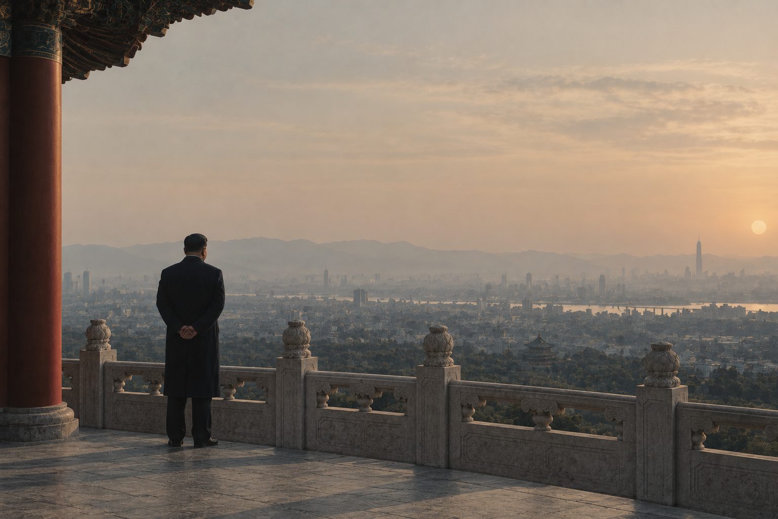Xi Jinping stands on a terrace overlooking industrial China